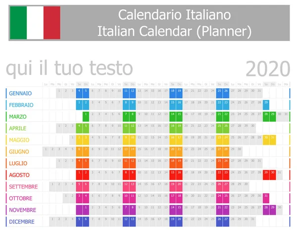 2020 Italian Planner Calendar Horizontal Months White Background — Stock Vector