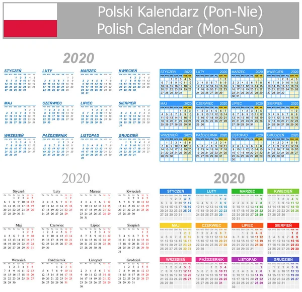 2020 Polska Mix Kalender Mån Sön Vit Bakgrund — Stock vektor