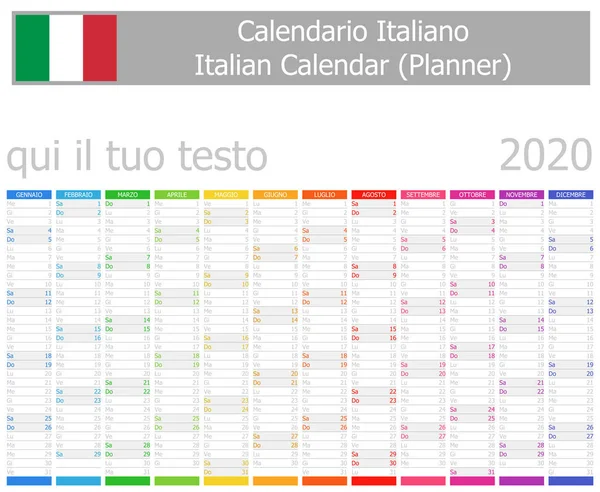 2020 Italian Planner Calendar Vertical Months White Background — Stock Vector