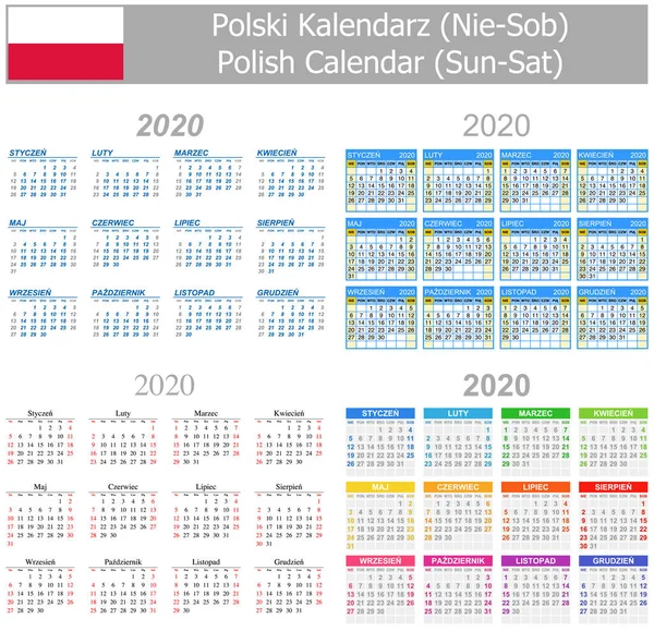 2020 Polacco Mix Calendario Sole Sab Sfondo Bianco — Vettoriale Stock