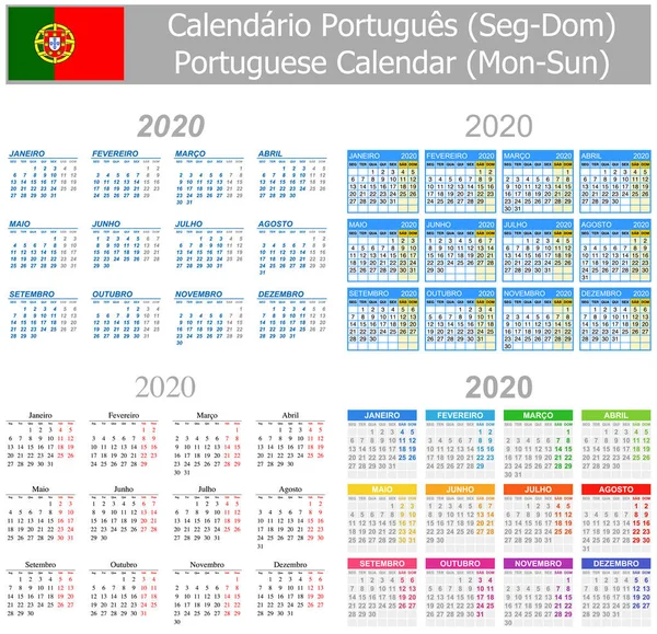 2020 Portekizce Mix Takvimi Pts Paz Beyaz Arka Plan Üzerinde — Stok Vektör