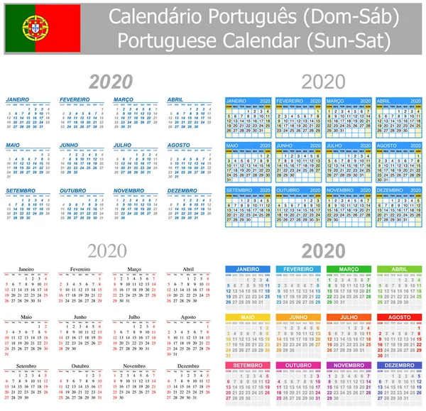 2020 Portoghese Mix Calendar Sole Sab Sfondo Bianco — Vettoriale Stock