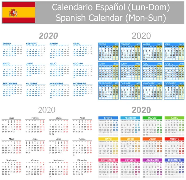 2020 Spagnolo Mix Calendario Lun Sole Sfondo Bianco — Vettoriale Stock