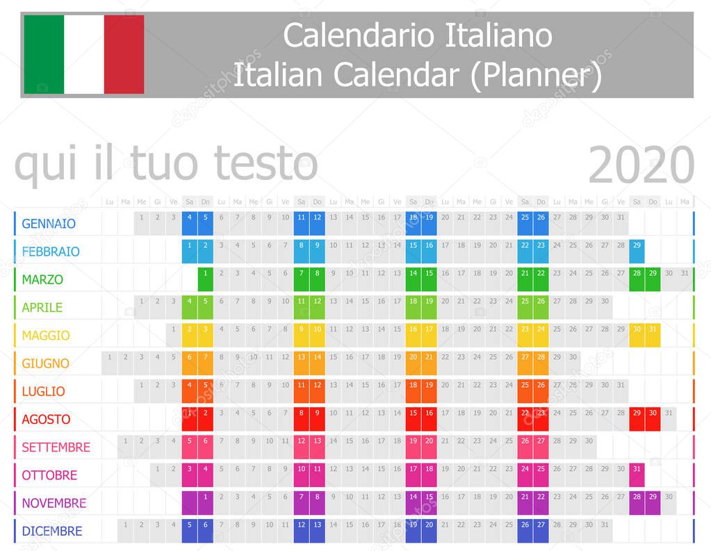 2020 Italian Planner Calendar with Horizontal Months on white background