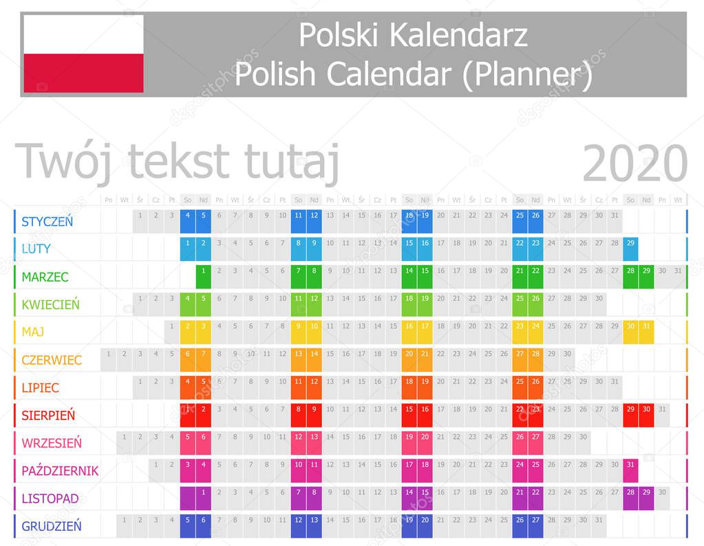 2020 Polish Planner Calendar with Horizontal Months on white background