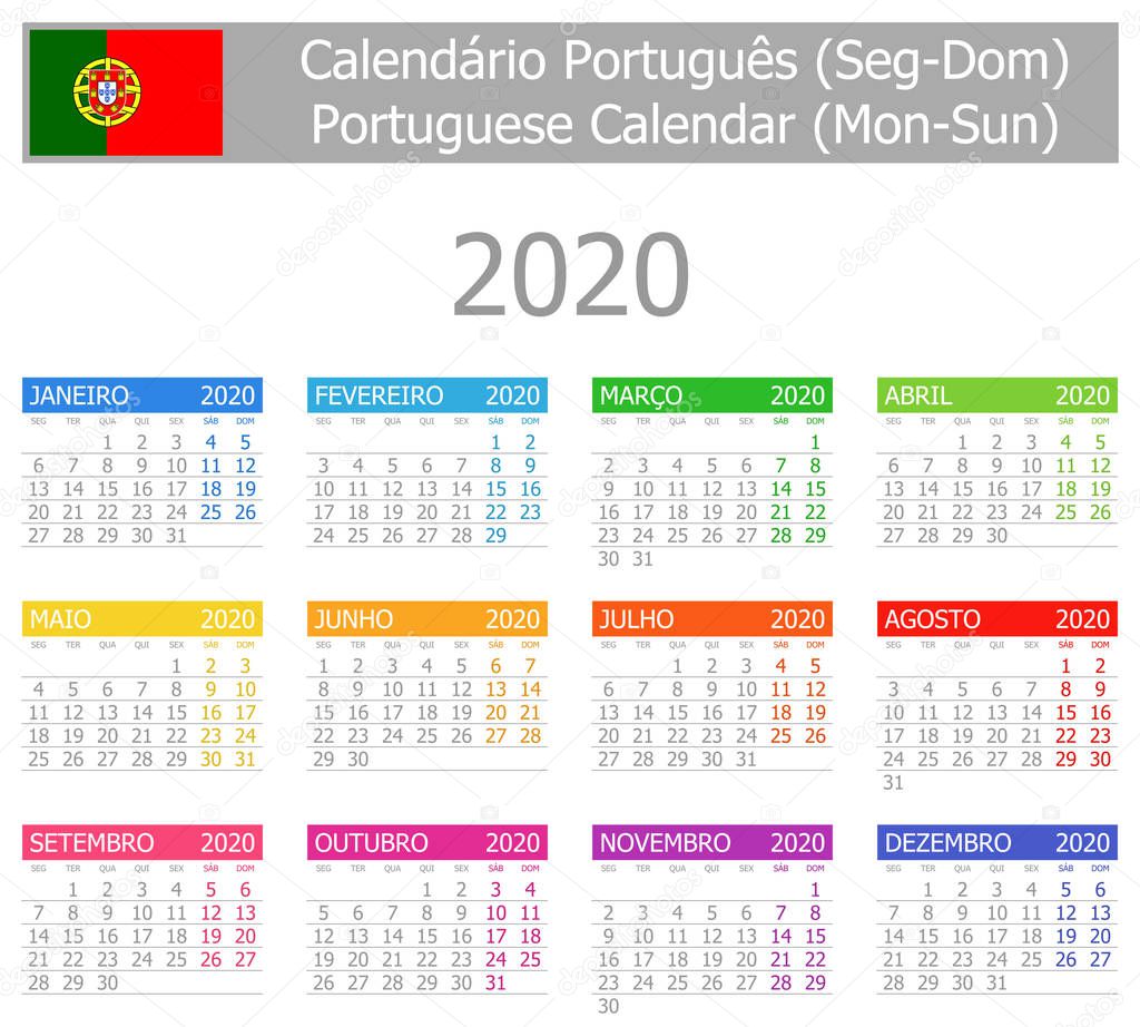 2020 Portuguese Type-1 Calendar Mon-Sun on white background