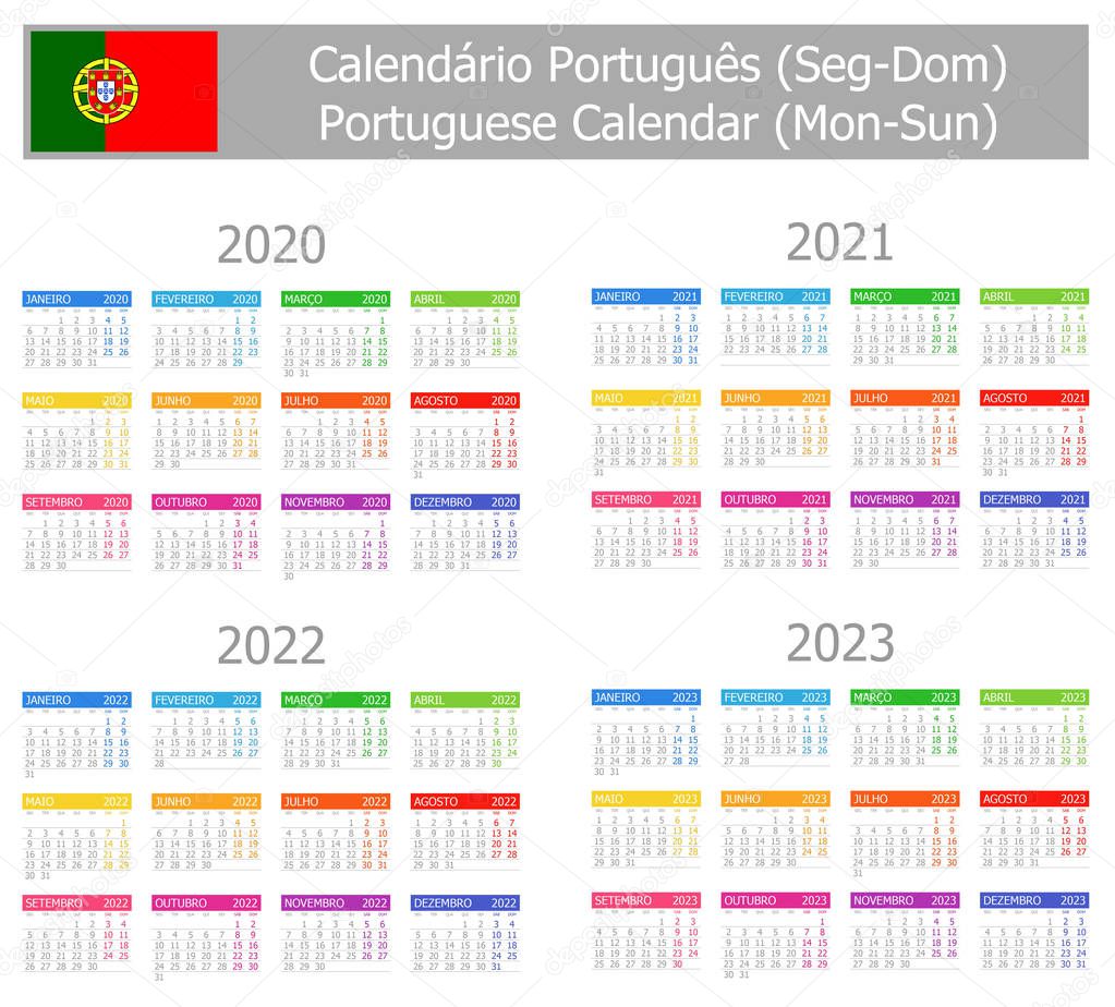 2020-2023 Portuguese Type-1 Calendar Mon-Sun on white background