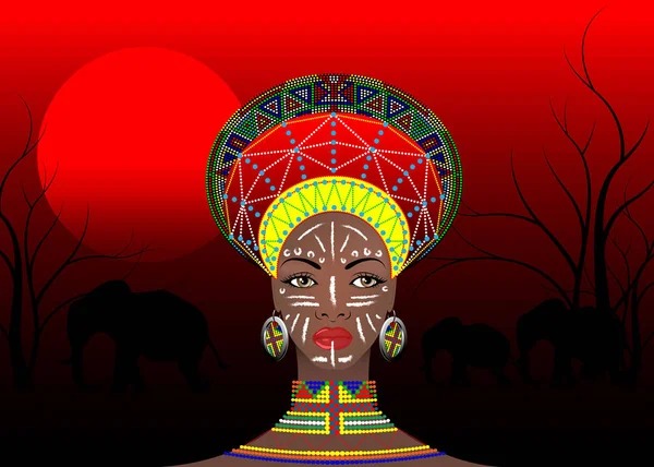 Afrikaanse stam kleren vrouwelijke Zulu, portret van leuke Zuid-Afrikaanse vrouw van Bantoe natie. Typische Afro hoofdtooi met etnische oorbellen en ketting. Vector geïsoleerd of Afrikaanse rode zonsondergang batik-stijl, achtergrond van de Afrika savanne — Stockvector