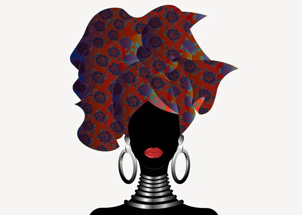 Retrato da jovem mulher africana turbante colorido. Envolva Afro moda, Ancara, Kente, kitenge, vestidos de mulheres africanas. Estilo nigeriano, moda ganesa com textura de tecido grunge. Vetor isolado — Vetor de Stock