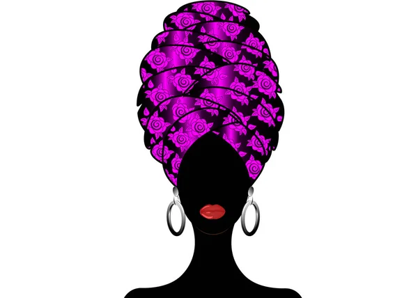 ターバンの若い黒人女性の肖像画 アニメーション アフリカの美しさ ベクトル カラー イラスト白背景に分離されました 伝統的な Kente の頭は アフリカをラップします — ストックベクタ