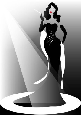 Dükkanı logo kadın moda, güzel esmer siluet diva. Şirket logo tasarım, güzel kapak kızı şık siyah elbise, vintage kadın bir ağızlık, izole vektör ya da siyah sigara retro