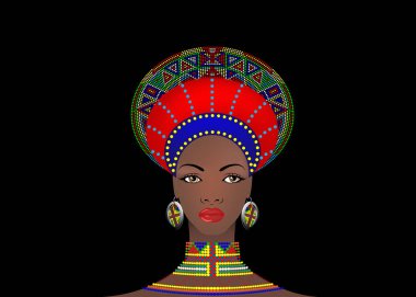 African Tribe Clothes Female Zulu, portrait of cute south african woman. Typical clothing for married women, young girl of Bantu nation. Afro Headdress with ethnic earrings,  necklace. vector isolated or black  clipart