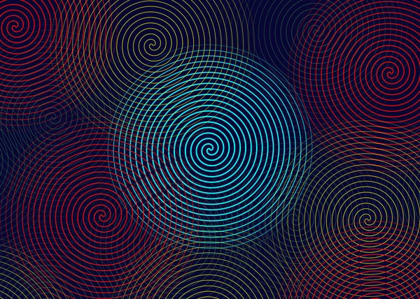 Spirale cerchio colorato disegnato. Elementi di cerchio concentrici sfondo. Twist anelli astratto modello geometrico. Struttura radiale, linee radianti. Ipnosi dinamica Spirali e vortici, illustrazione vettoriale — Vettoriale Stock