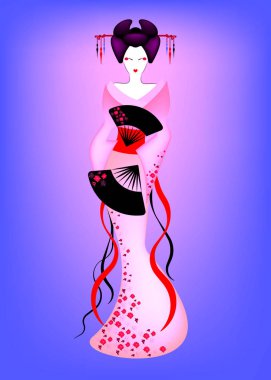 Vektör çizim Japon geleneksel geyşa renkli çiçek desenle Kimono kostüm. Bir karikatür tarzı, Anime kız geyşa, Manga tarzı, geleneksel elbiseli güzel kadın saten giyim dekoratif etnik bir karakter. Vektör anime 