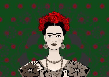 Frida Kahlo vektör portre, geleneksel bir saç modeli ile genç güzel bir Meksikalı kadın. Taç kırmızı çiçekler, Meksika el sanatları takı ve elbise, vektör mandala arka plan dekore edilmiştir. 