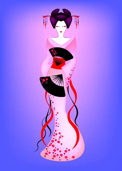 ベクトル図日本の伝統的な芸者は カラフルな花のパターンで着物を衣装します 漫画のスタイル キャラクター女の子芸者 マンガ スタイル 伝統的なドレスの美しい女性の装飾的な民族のサテン服の文字 ベクター キャラクター — ストックベクタ