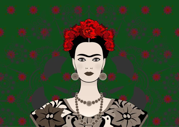Frida Kahlo Retrato Vectorial Joven Hermosa Mujer Mexicana Con Peinado — Vector de stock