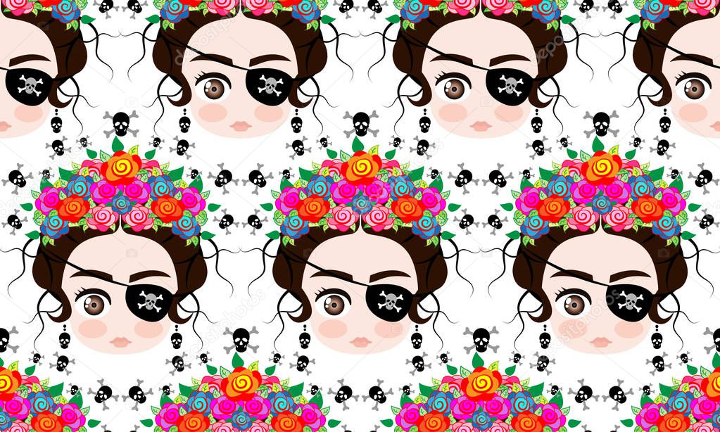 Emoji baby Mexican woman with crown of colorful flowers, typical Mexican hairstyle, little girl  Pirate icon Emoji, Background cartoon vector pattern seamless 