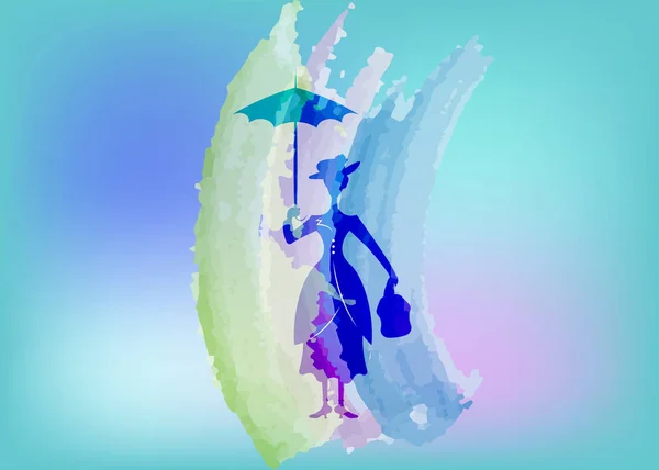 Mary Poppins Silhouette Girl Flöten Med Paraply Handen Akvarell Stil — Stock vektor
