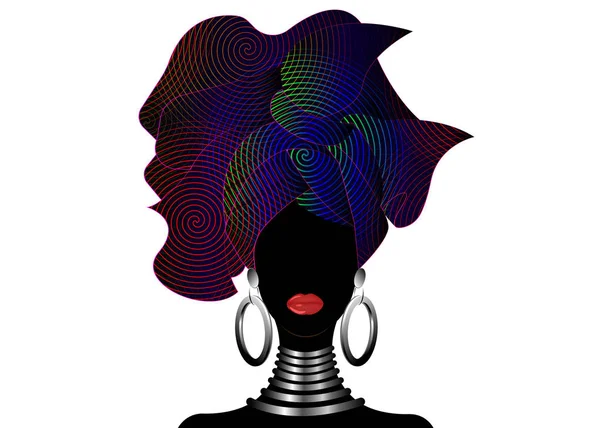 Portrait Young Black Woman Turban Animation African Beauty Vector Color — Stock Vector