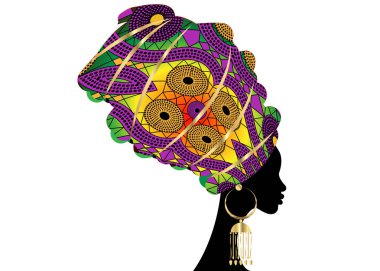 portre geleneksel Türban, başşehir baş şal Afrika, güzel Afrikalı kadın geleneksel dashiki yazdırma siyah kadınlar geleneksel altın küpe, saç modeli kavramı ile izole siluet vektör