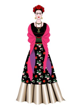 Frida Kahlo vektör portre, geleneksel bir saç modeli olan Meksikalı kadın. Meksika el sanatları takı ve kırmızı çiçekler. Eski giysileri, geleneksel Meksika elbise, vektör illüstrasyon izole genç Meksikalı kız portresi animasyon