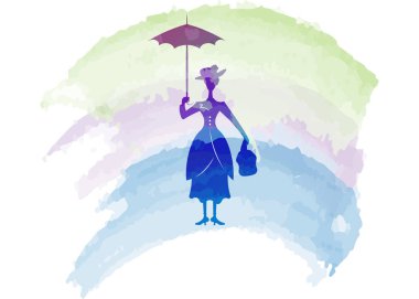 Onun eli, suluboya, Mary Poppins stil, izole vektör şemsiye ile siluet kız yüzen