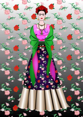 Frida Kahlo vektör portre, geleneksel bir saç modeli olan Meksikalı kadın. Meksika el sanatları takı ve kırmızı çiçekler. Eski giysileri, geleneksel Meksika elbise, Genç Meksika kızı animasyon portresi vektör izole veya çiçek arka plan 