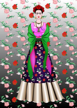 Frida Kahlo vektör portre, geleneksel bir saç modeli olan Meksikalı kadın. Meksika el sanatları takı ve kırmızı çiçekler. Eski giysileri, geleneksel Meksika elbise, Genç Meksika kızı animasyon portresi vektör izole veya çiçek arka plan 