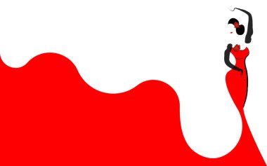 güzel ve genç birbayan İspanyol Flamenko dansçısı Flamenko dans. Geleneksel ve zarif İspanyolca olarak kırmızı uzun elbiseler. Broşür, kart, şablon, dans okulu için. Vektör göl kenarında veya beyaz arka plan 