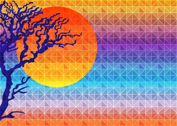 Low-Poly-Dreieck geometrischen Hintergrund mit Sonne über Sonnenuntergang und tropischen Baum. mehrfarbige polygonale Vektordarstellung, die aus Dreiecken besteht. abstrakte dreieckige geometrische Vorlage für Ihr Unternehmen — Stockvektor