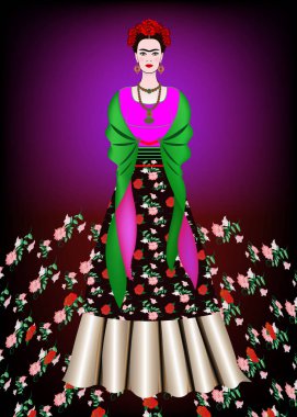 Frida Kahlo vektör portre, geleneksel bir saç modeli olan Meksikalı kadın. Meksika el sanatları takı ve kırmızı çiçekler. Eski giysileri, geleneksel Meksika elbise, Genç Meksika kızı animasyon portresi vektör izole veya çiçek arka plan