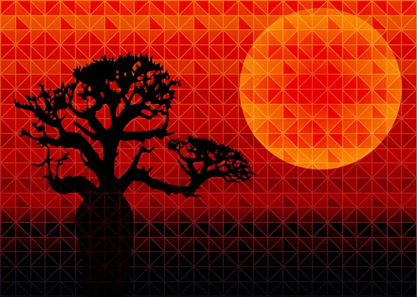 Low-Poly-Dreieck geometrischen Hintergrund mit Sonne über Sonnenuntergang und Baobab-Baum. mehrfarbige polygonale Vektorillustration, die aus Dreiecken besteht. abstrakte dreieckige geometrische Vorlage — Stockvektor