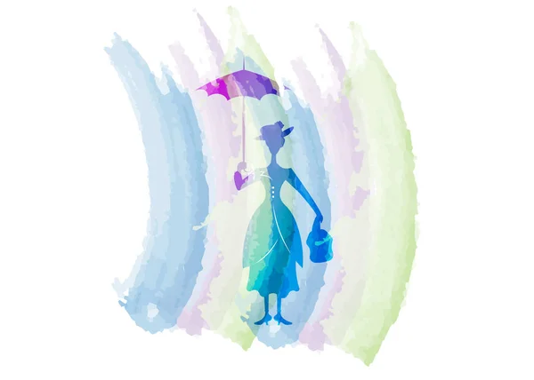 Silhouette Girl Floats Umbrella His Hand Watercolour Mary Poppins Style — Stock Vector