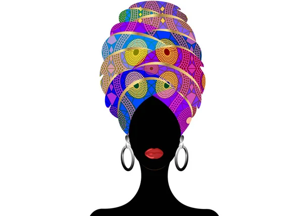 Porträt Der Jungen Schwarzen Frau Turban Animation Afrikanischer Schönheit Vektor — Stockvektor