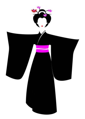 Japon ya da Asyalı kız, Japon kimono, Madam Kelebek stili ile geleneksel tarzda portresi. Geleneksel geyşa Kimono, geleneksel kıyafet, siyah etnik giyim, kostüm izole vektör 