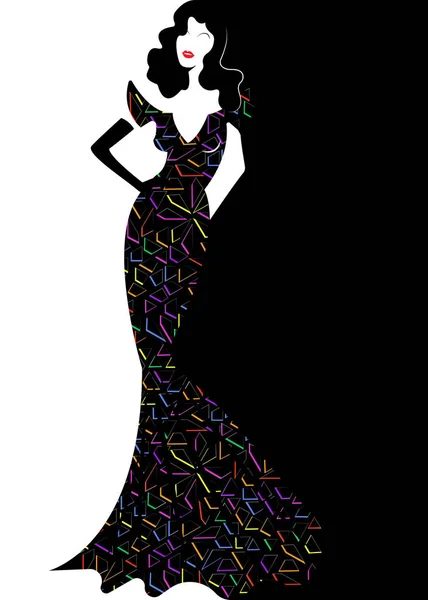 Logo de la tienda de moda mujer, diva silueta negro. Diseño del logotipo de la compañía, hermosa mujer retro de la chica de la cubierta de lujo en colores oscuros vestido, estilo y vestido de noche negro 1940, 1950, plantilla de vector — Vector de stock