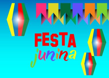 Festa junina arka plan tatil. Latin Amerika tatil, Brezilya, mavi gökyüzü arka plan Haziran parti. Çok renkli vektör mavi izole