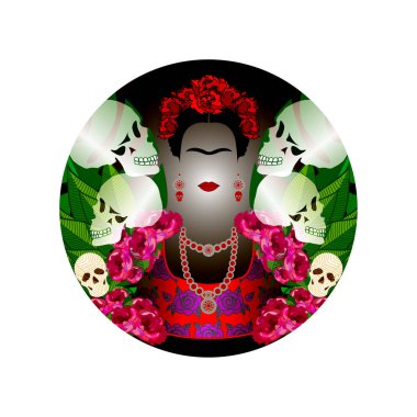 Frida Kahlo portre kafatasları ile. Dia de los muertos. Ölülerin günü. Vektör portre ve çiçek siyah koyu arka plan 