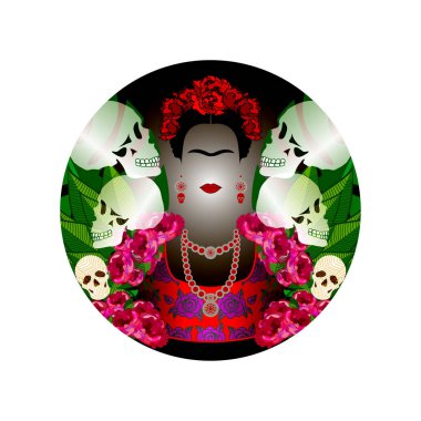 Frida Kahlo portrait with skulls. Dia de los muertos. Day of The Dead. Vector portrait and floral black dark background  clipart