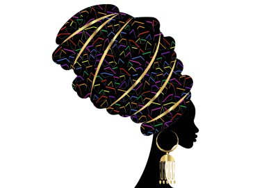 portre geleneksel Türban, başşehir baş şal Afrika, güzel Afrikalı kadın geleneksel dashiki yazdırma siyah kadınlar geleneksel altın küpe, saç modeli kavramı ile izole siluet vektör