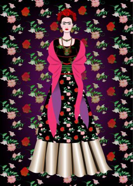 Frida Kahlo vektör portre, geleneksel bir saç modeli olan Meksikalı kadın. Meksika el sanatları takı ve kırmızı çiçekler. Eski giysileri, geleneksel Meksika elbise, Genç Meksika kızı animasyon portresi vektör izole veya çiçek arka plan