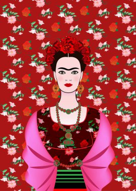 Frida Kahlo vektör portre, geleneksel bir saç modeli olan Meksikalı kadın. Meksika el sanatları takı ve kırmızı çiçekler. Eski giysileri, geleneksel Meksika elbise, Genç Meksika kızı animasyon portresi vektör izole veya çiçek arka plan