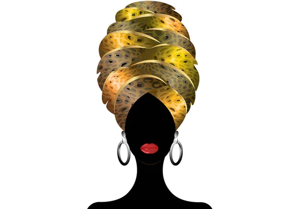 Портрет Молодой Черной Женщины Тюрбане Африканская Красота Векторная Цветная Иллюстрация — стоковый вектор