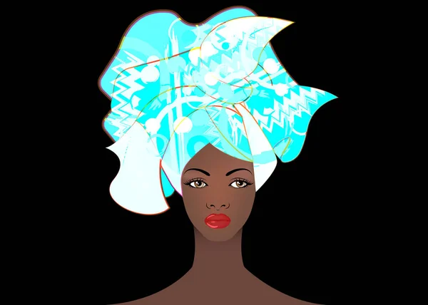Portrait Jeune Femme Africaine Dans Turban Coloré Wrap Afro Fashion — Image vectorielle