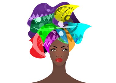 renkli sarık genç Afrikalı kadın portresi. Şal Afro moda, Ankara, başşehir, kitenge, Afrika bayan elbise. Nijeryalı stil, Ganalı moda. Vektör baskı, poster, tişört, kart
