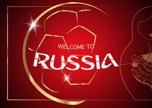 Fondo Rojo Con Bola Dorada Matryoshka Tarjeta Texto Bienvenido Rusia — Vector de stock