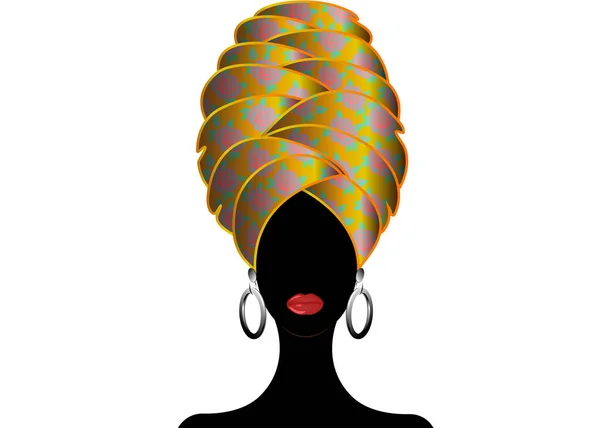Retrato de la joven negra con turbante. Animación belleza africana. Ilustración floral vectorial aislada sobre fondo blanco. Tradicional Kente cabeza envoltura africana. Imprimir, póster, camiseta, tarjeta . — Vector de stock