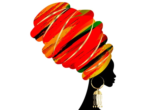 Portrait Beautiful African Woman Traditional Turban Kente Head Wrap African — Stock Vector