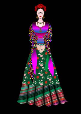 Frida Kahlo vektör portre, geleneksel bir saç modeli olan Meksikalı kadın. Meksika el sanatları takı ve kırmızı çiçekler. Eski giysileri, geleneksel Meksika elbise, siyah izole vektör çizim genç Meksikalı kız portresi animasyon 